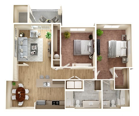 Floor plan for 2 beds, 2 baths, 1040 sqft